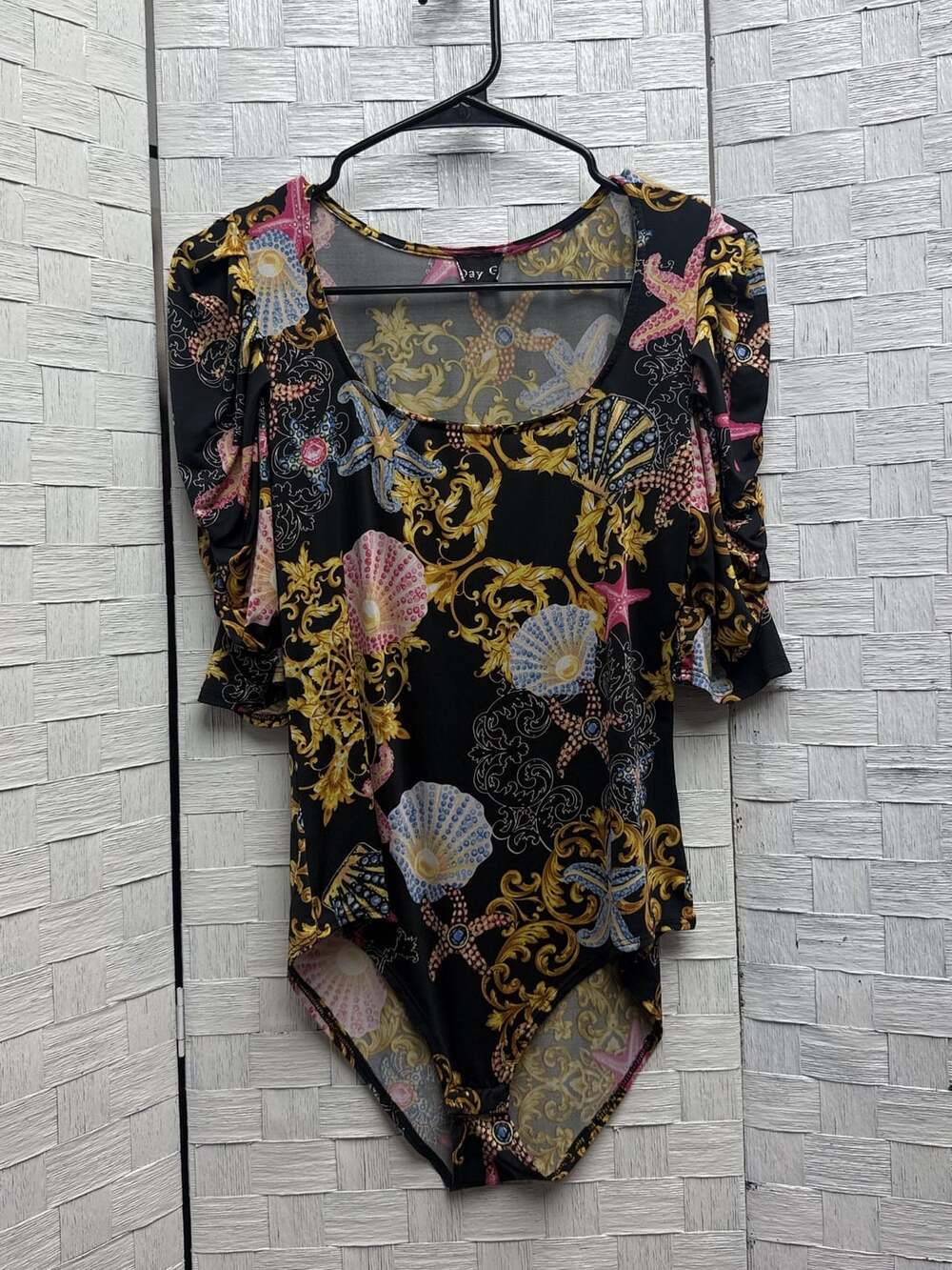 Day G Bodysuit Black Baroque Seashell Starfish Puff Sleeve Top